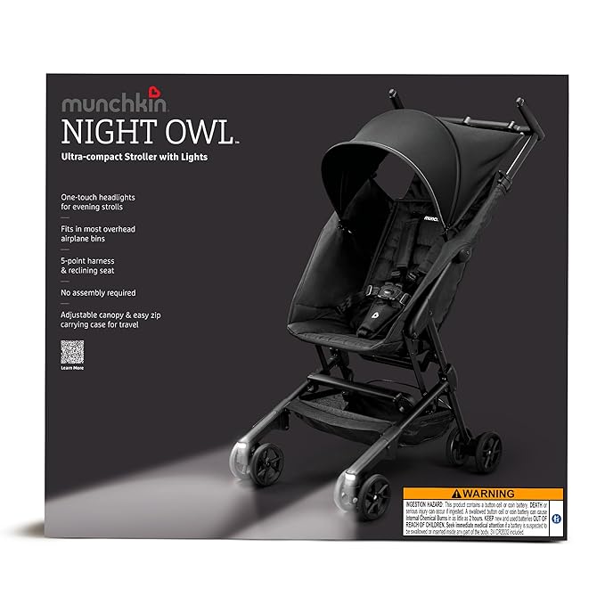 Munchkin® Night Owl™ Lightweight Travel Stroller with Wheel Lights, Ultra Compact Baby Stroller for Everyday Travel and Easy Storage, Essential Gear for Babies & Toddlers, Black