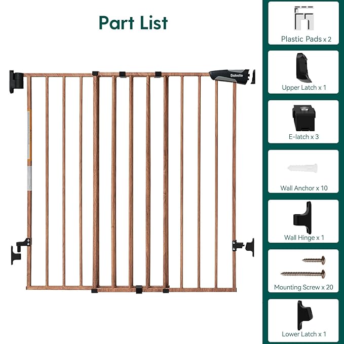 Babelio Baby Gate for Stairs, Kitchen & Doorways, 26-41" W 28" H No Bottom Bar| Easy Installation| One-Handed Operation| Auto-Close| Hardware Mount Safety Dog/Pet Gate Indoor (Brown Wood Pattern)