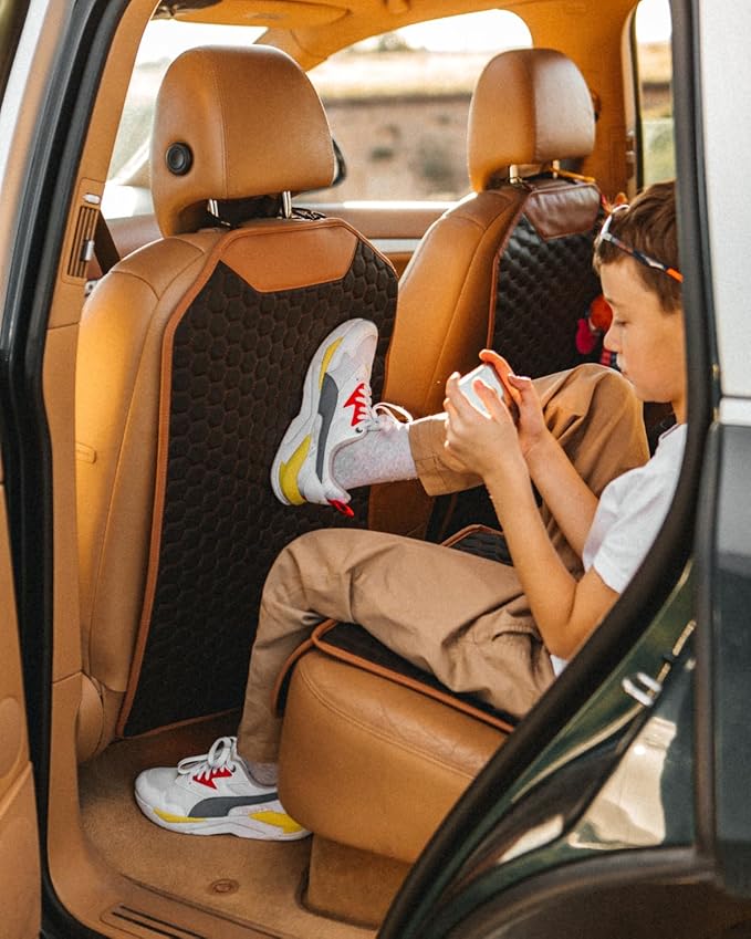 Owleys Premium Leather Car Seat Protector for Back Seat - Back Seat Cover for Kids - Car Kick Mat - Back of Seat Protector for Kids Feet Car Seat Back Protector - 1 Pc Hexy