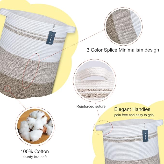 COMSE Extra Large Blanket Basket, Tall Laundry Basket, Nursery Hamper, 15.7”x 21.7”, Cotton Rope Woven Laundry Hamper for Storage Toys Clothes Towels, Gradient Brown
