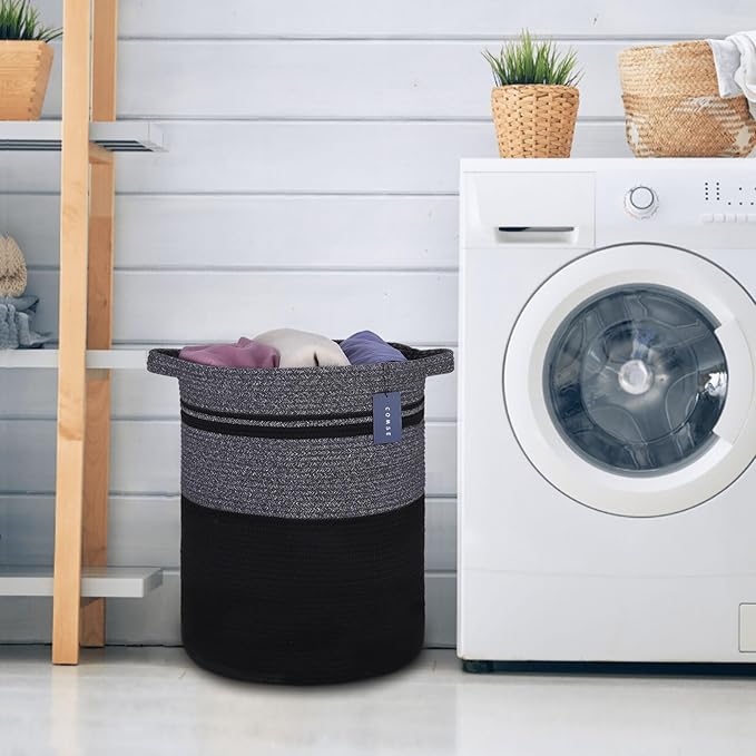 COMSE Extra Large Blanket Basket, Tall Laundry Basket, Nursery Hamper, 15.7”x 21.7”, Cotton Rope Woven Laundry Hamper for Storage Toys Clothes Towels, Black