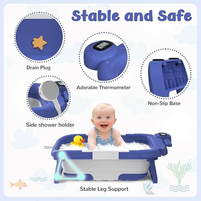Collapsible Baby Bathtub for Newborn,Baby Tub with Soft Floating Cushion & Thermometer for Infant to Toddler,Portable Travel Bathtub with No-Slip Feet for 0-36 Months-Blue