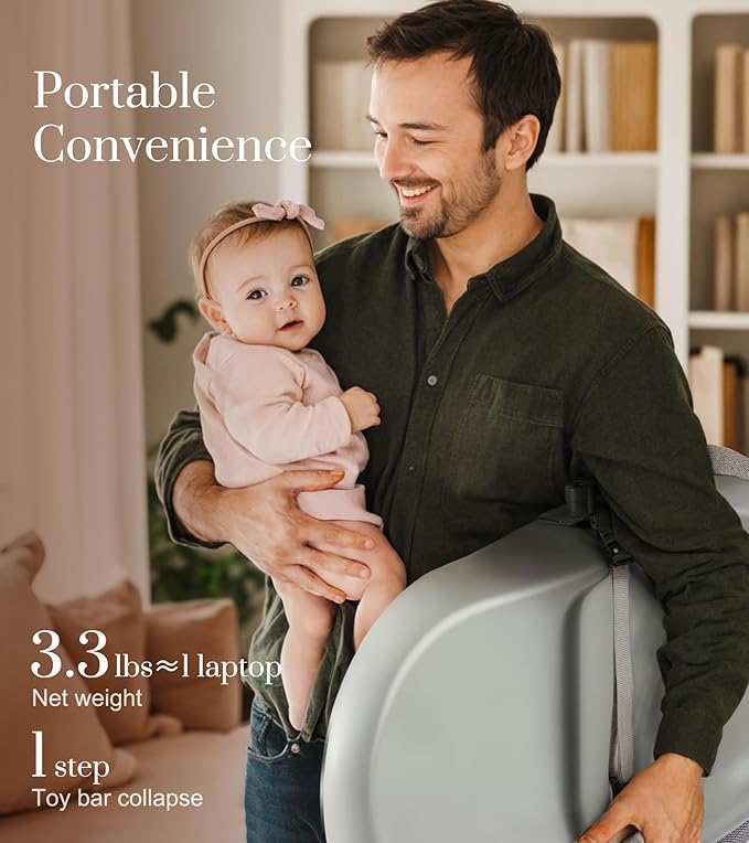 Wipe-Clean Baby Changing Pad, Waterproof Durable PU Pad, Soft & Non-Slip Safety Belt & Hanging Toys, Easy to Adjust & Removable Bar, Gray