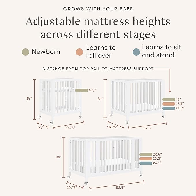 babyletto Rolli 9-in-1 Convertible Baby Crib w/Wheels - Includes Pad & Conversion Kits for Bassinet, Standard Crib, Toddler Bed, Daybed & Junior Bed - GREENGUARD Gold - 3 Adjustable Heights - White