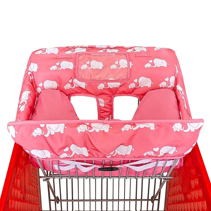 Soft Pillow Attached 2-in-1 Shopping Cart and High Chair Cover for Baby, Cotton Padded Cart Cover, Fold'n Roll Style, Portable with Carry Bag (Pink Elephant)