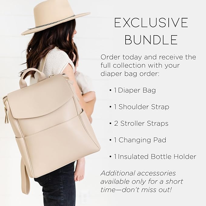 MIA + SOPHIA Leather Diaper Bag Backpack with USB Charging port, Changing Pad, Stroller Straps, and Bottle Holder (Beige Olivia)