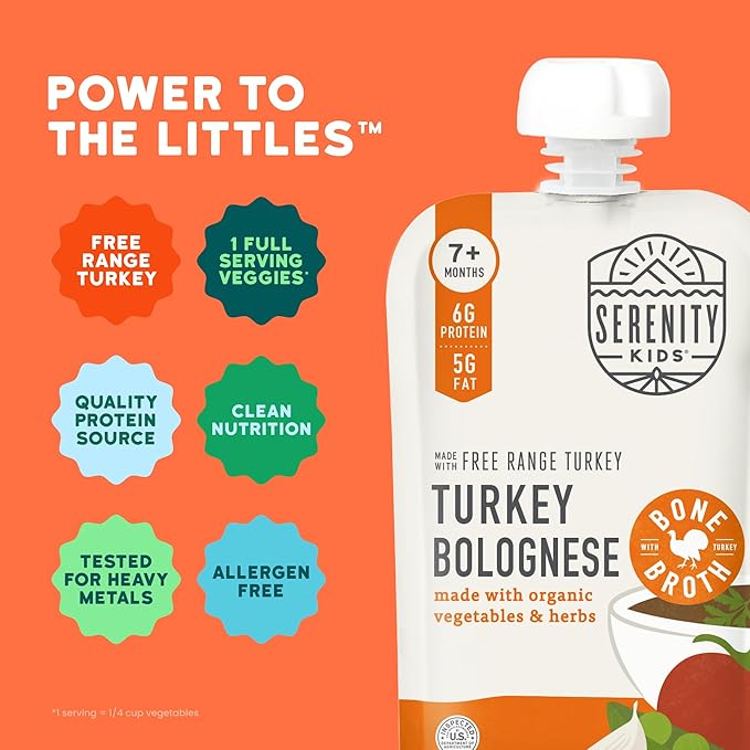 Serenity Kids 7+ Month Turkey Bolognese Bone Broth Baby Food Puree - Toddler Pouches with Organic Veggies & Free-Range Turkey - High-Protein Savory Blend, No Added Sugar & BPA-Free - 3.5 Oz, 12 Pack