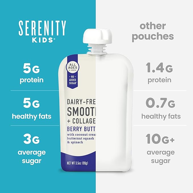 Serenity Kids 6+ Months Dairy-Free Smoothie Baby Food Pouch - USDA Organic & Grass-Fed Collagen Protein - Berry Butternut Flavor - Portable Toddler Snacks - 3.5 Oz, 12 Pack