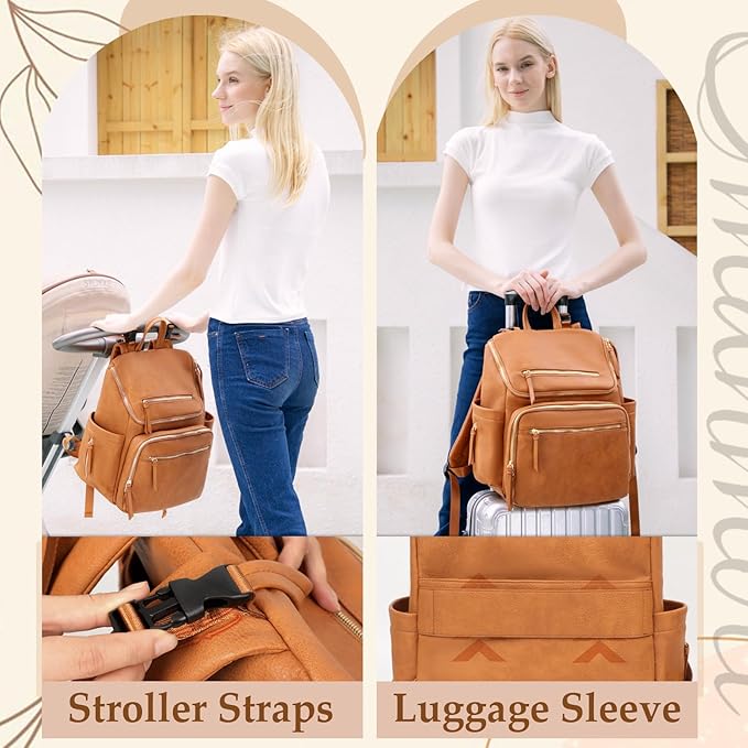 Diaper Bag Backpack Large Baby Diaper Bag Leather with 17 Diaper Bag Organizing Pouches,Changing Pad,Stroller Straps,4 Insulated Pockets,Honey