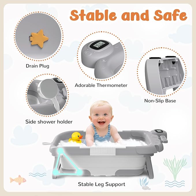 Collapsible Baby Bathtub for Newborn,Baby Tub with Soft Floating Cushion & Thermometer for Infant to Toddler,Portable Travel Bathtub with No-Slip Feet for 0-36 Months-Gray
