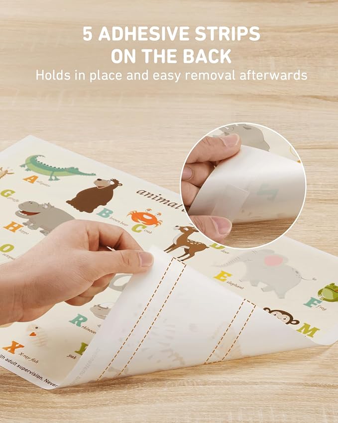 Babebay Disposable Stick-on Placemats 60 Pack for Baby & Kids & Toddler, Sticky Placemats Restaurant Table Mats 12" x 18" (Animal Alphabet)