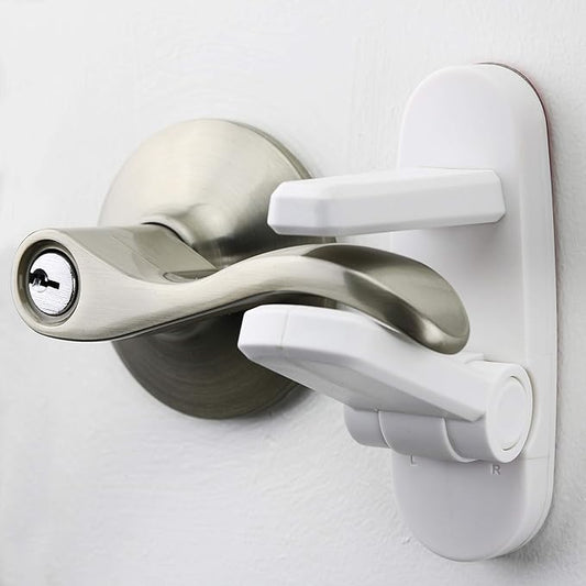 Door Lever Lock (3 Pack) Prevents Toddlers from Opening Doors. 3.25" L * 1.5" W * 4.5" H Easy One Hand Operation for Adults. Durable ABS with 3M Adhesive Backing. Simple Install, No Tools Needed.