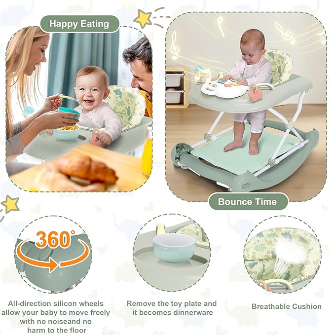 Foldable Baby 5-in-1 Activity Walker - Rocker, Activity Center, Bouncer, Seat Walker, Push Walker - Adjustable Speed Rear Wheels and Height Toys Ages 6-18 Months… (Light Green)