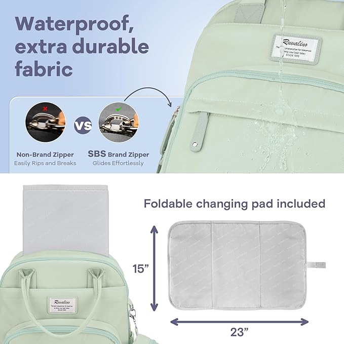 RUVALINO Diaper Bag Backpack-Multifunction Baby Travel Bag with Changing pad, Insulated Bottle Holders & Pacifier Case, Large Capacity, Waterproof, Mint Green