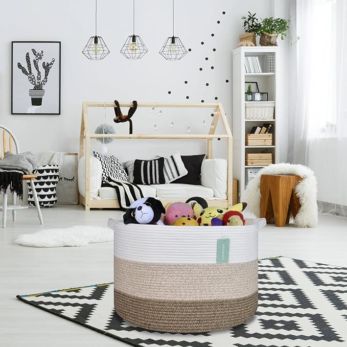 Extra Large Blanket Basket 87L, Laundry Hamper, Baby Nursery Hamper for Storage Toys Clothes Towels, Large Cotton Rope Laundry Basket for Girls Boys, 22”x 14”, White & Gradient Brown