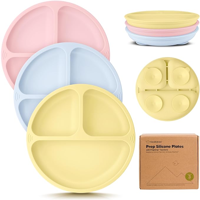 KeaBabies Suction Plates for Baby, Toddler - 3-Pack 100% Silicone Toddler Plates with Suction, Divided, BPA-Free Baby Led Weaning Essentials for Kids, Dishwasher, Microwave Safe, Durable (Popsicle)