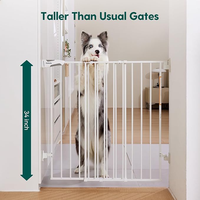 Babelio Baby Gate for Stairs, Kitchen & Doorways, 26-41" W 34" H Extra Tall| No Bottom Bar| Easy Installation| One-Handed Operation| Auto-Close| Hardware Mount Safety Dog/Pet Gate Indoor (White)