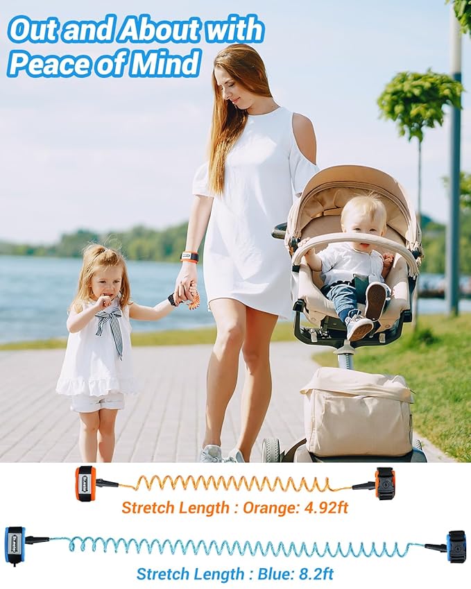 Toddler Leash, 2 Pack Safety Anti Lost Wrist Link with Key Lock, Reflective Child Walking Harness, 8.2ft Blue + 4.92ft Orange Kids Leash for Supermarket Mall Airport Amusement Park Zoo Travel