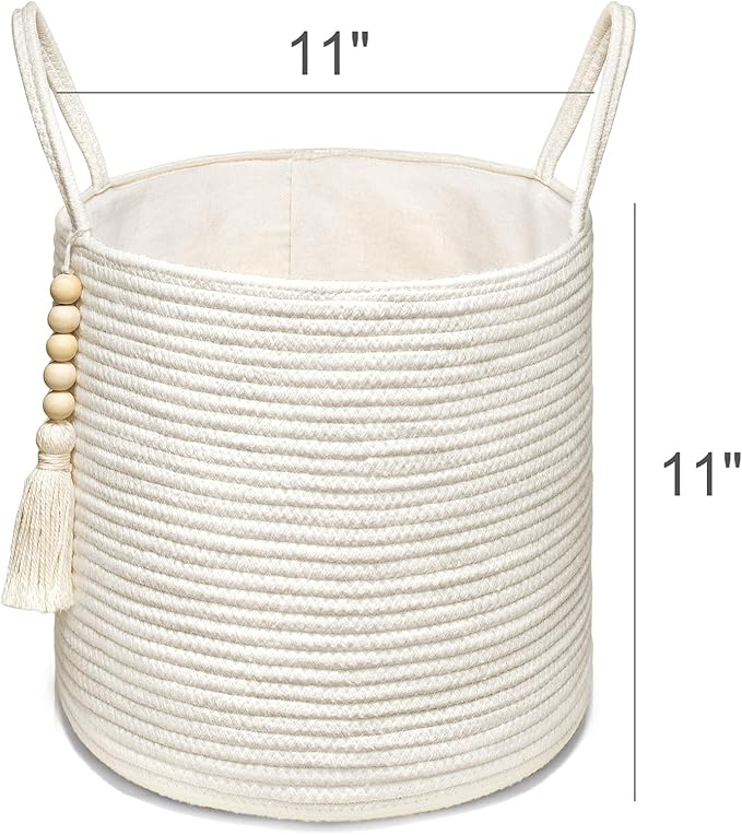 Mkono Woven Storage Basket with Handles Decorative Cotton Rope Basket Wooden Bead Decoration for Blankets,Toys,Clothes,Living Room Home Decor, 11", White
