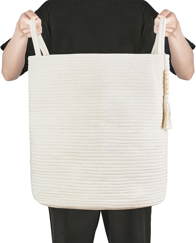 Mkono Tall Laundry Basket Woven Decorative Rope Storage Basket Wooden Bead Decoration for Blankets Toys Clothes Shoes Organizer Bin with Handles Living Room Home Decor, 15" W x 17.7" L, White