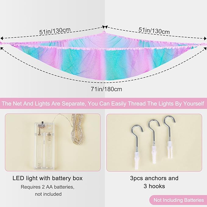 Unicorn Castle Stuffed Animals Net or Hammock Kids Toy Storage Organizer with LED Light Hanging Corner Stuffed Animals Holder Kids Girls Room Decor,Pink-Blue-Purple,Large-Pack of 1