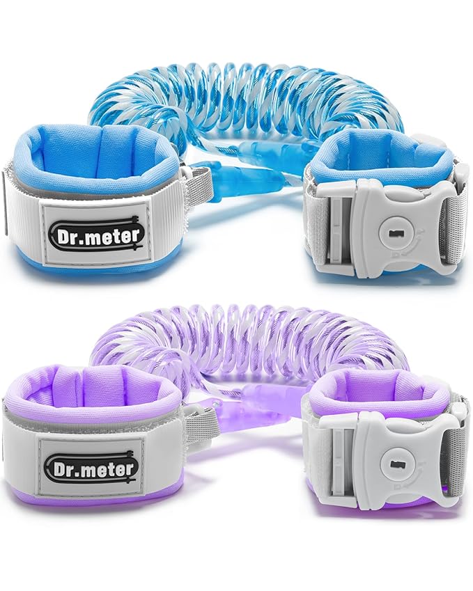 Anti Lost Wrist Link, 2 Pack Toddler Safety Leash with Key Lock, Reflective Child Walking Harness - Dual 8.2ft Length Blue & Purple Kids Leash for Store Mall Airport Theme Park Trip