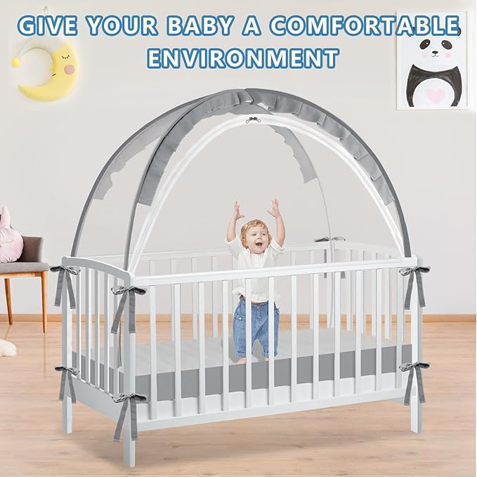 Crib Tent - Crib Net to Keep Baby in, Stop Baby from Climbing Out of Crib, Pop Up Baby Crib Tent with Double Zip Strong Rods and Breathable Net Clear Visibility Easy to Install (Grey, Large)