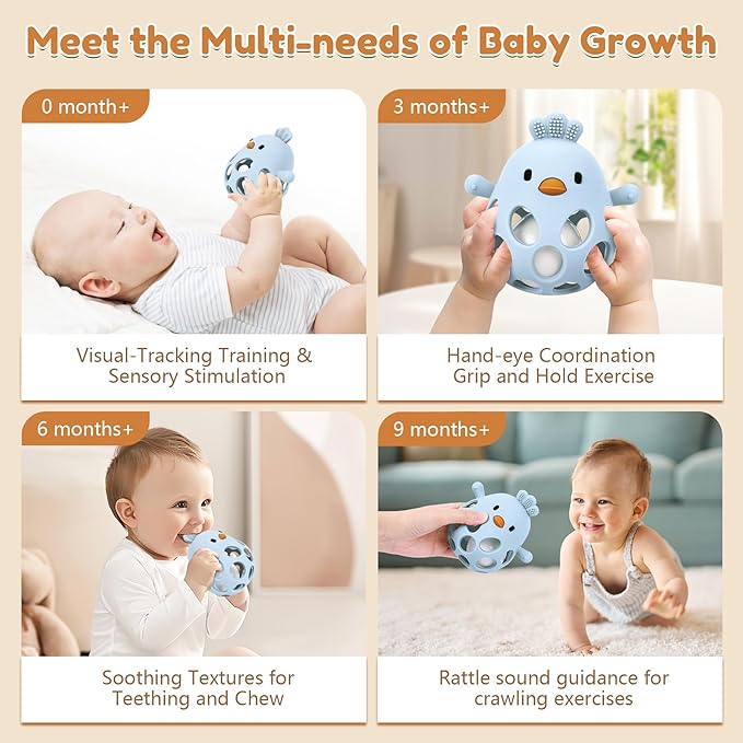MCGMITT Baby Teething Toys for 3-6 Months, Easy Grasp Silicone Baby Rattles 0-6-12 Months, BPA-Free Food Grade Montessori Sensory Toys, Soft Newborn Infant Teether for Teething Relief