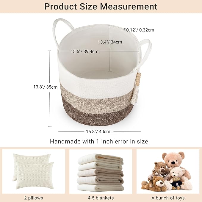 Mkono Woven Storage Basket Decorative Natural Rope Basket Wooden Bead Decoration for Blankets,Toys,Clothes,Shoes,Plant Organizer Bin with Handles Living Room Home Decor, 16"W × 13.8"L