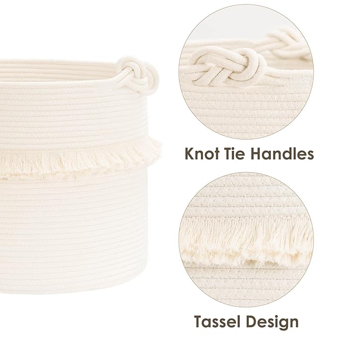 CherryNow Large Woven Storage Baskets – 16'' x 13'' Cotton Rope Decorative Hamper for Nursery, Toys, Blankets, and Laundry, Cute Tassel Nursery Decor - Home Storage Container Off-white