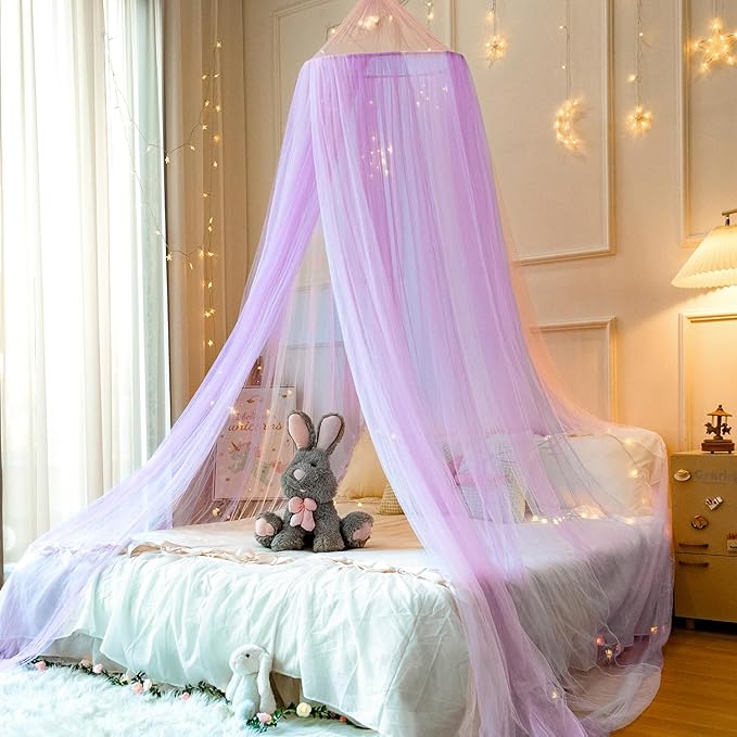 Pink Purple Bed Canopy for Girls,Princess Hanging Netting for Kids Bed Room Decor Mosquito Net for Baby Crib, Twin to King Size Bed