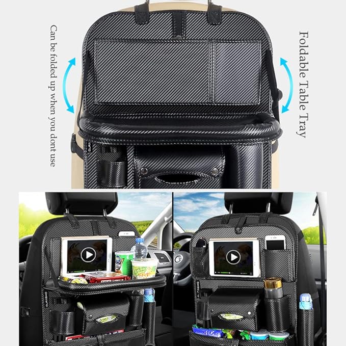 Car Backseat Organizer with Foldable Table Tray,Car Storage Organizer with Tablet Holder,Car Seat Back Protectors Kick Mats,Premium PU Leather Material,Compatible with Most Vehicles