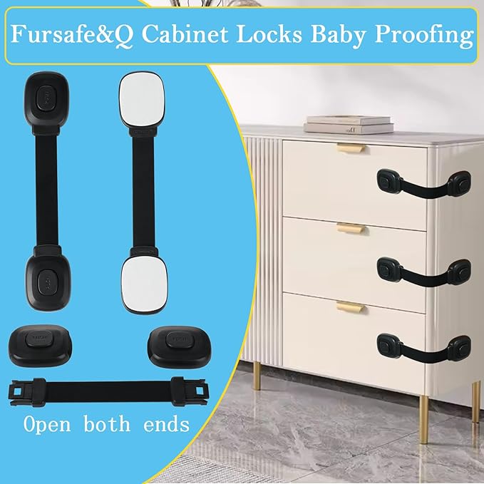 Fursafe&Q Cabinet Locks Baby Proofing, Child Safety Strap Locks Adhesive Black - Child Proof Fridge Lock Drawer Door Toilet Latches No Drill Multi-Purpose for Furniture Kitchen Lock