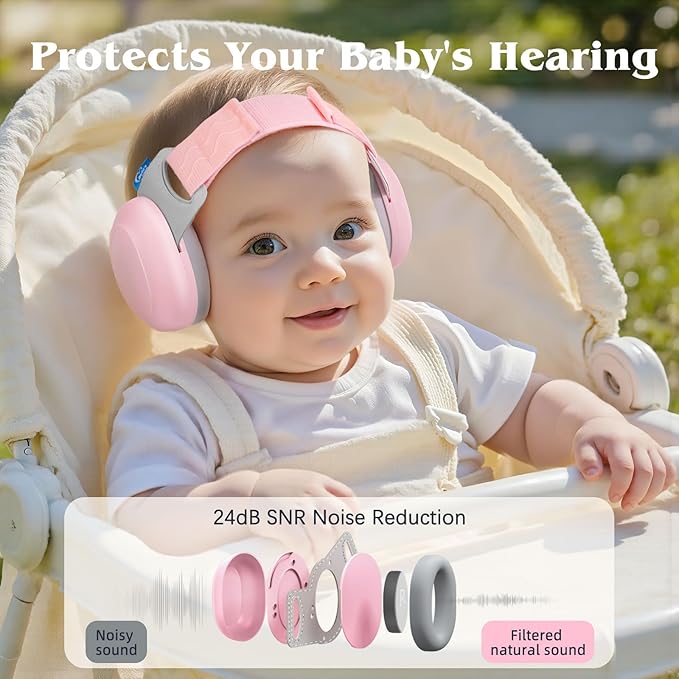 Bella's Friends Baby Ear Protection for Infants & Toddlers(3–48 Months) - Lightweight 24dB Noise Cancelling Headphones - Safe fit & Comfort Earmuffs - Improve Sleep - Baby Travel Essential, Pink