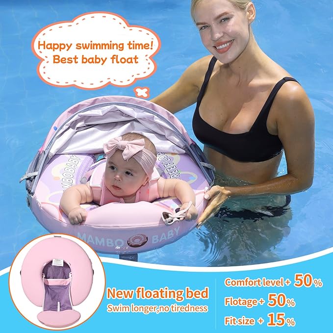 Mambobaby Float with Canopy and Tail New Upgraded Non-Inflatable Baby Pool Float Mambo Float Swim Trainer Solid Infant Swim Float Adjustable Pearl Foam Baby Swim Ring