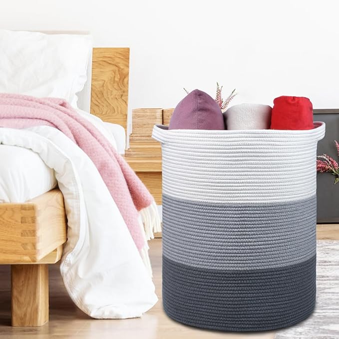 Large Laundry Hamper for Girls Boys Kids 72L, Nursery Hamper, Tall Laundry Basket, Cotton Rope Woven Blanket Basket for Storage Toys Clothes Towels, 16”x 22”, White & Gray