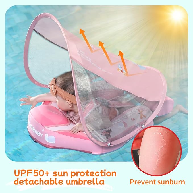 Mambobaby Float with Canopy and Tail New Upgraded Non-Inflatable Baby Pool Float Mambo Float Swim Trainer Solid Infant Swim Float Adjustable Pearl Foam Baby Swim Ring
