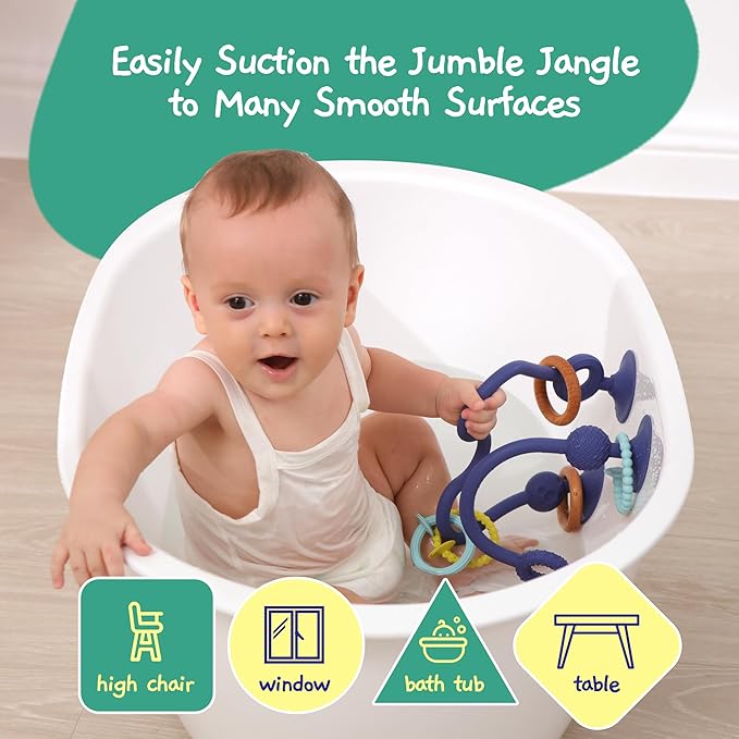 Jumble Jangle Baby Teething Toys – BPA-Free, Multi Purpose High Chair Toys for Babies: Suction Teething Relief with Sensory Toy Textures for Infants and Toddlers 0–24+ Months (Dark)