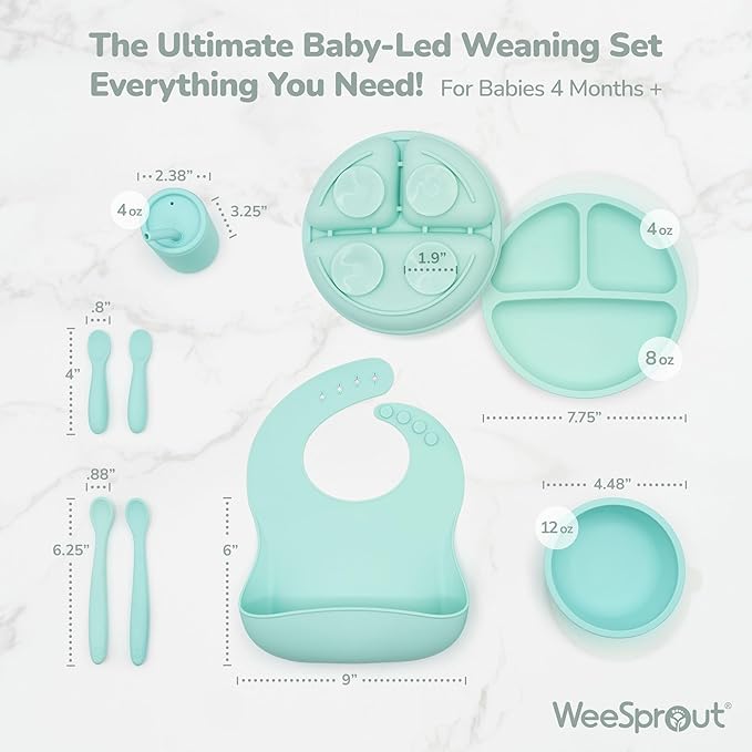 WeeSprout Baby Led Weaning Bundle, Silicone Suction Bowl, Spoons, Bib & Cup, Develops Self Feeding Skills, Dishwasher Safe (Purple)