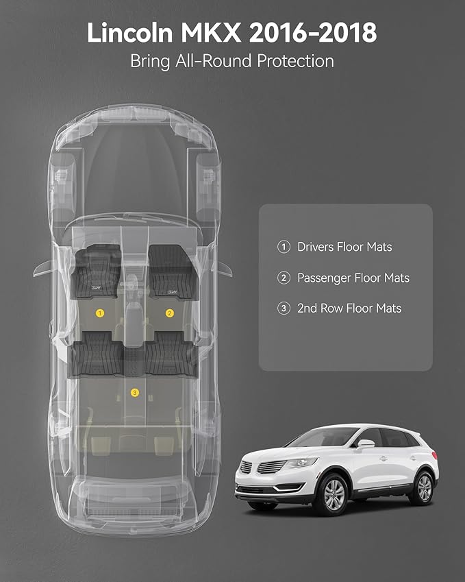 3W Floor Mats for Lincoln MKX 2016 2017 2018 & Lincoln Nautilus 2019-2022, Custom Fit TPE All Weather Floor Liners, 1st & 2nd Row Full Set, Black