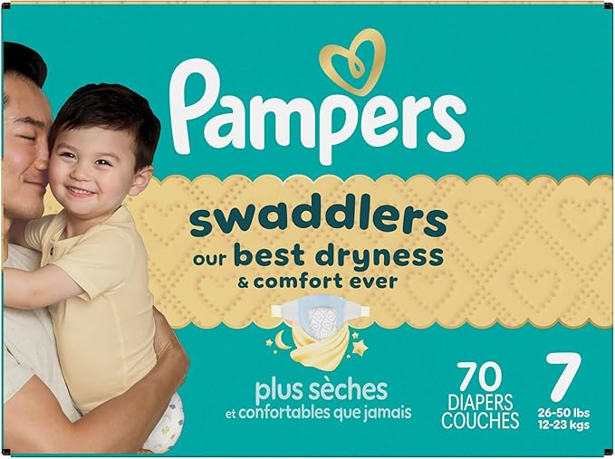 Pampers Swaddlers Diapers, Size 7 (26-50 lbs), 70 Count, Absorbent, Keeps Baby Dry and Comfortable, Skin Safe Disposable Baby Diaper (Packaging May Vary)