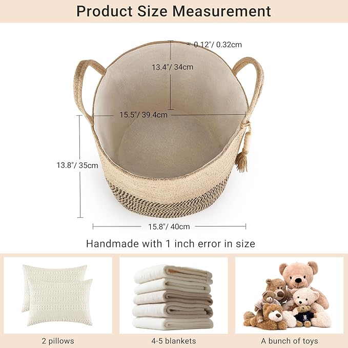 Mkono Woven Storage Basket Decorative Rope Basket Wooden Bead Decoration for Blankets,Toys,Clothes,Shoes,Plant Organizer Bin with Handles Living Room Home Decor, Yellow and Black, 16" W × 13.8"