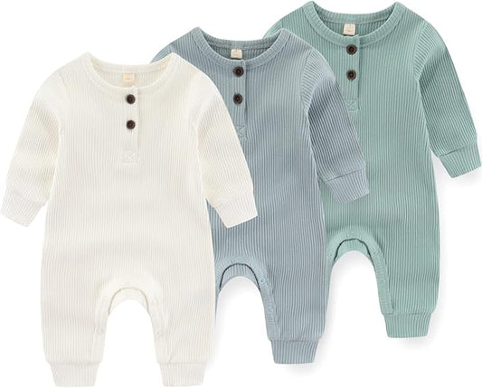 Newborn Baby Boys Girls One Piece Romper With Mitten Cuffs 3 Pack Long Sleeve Ribbed Button Jumpsuit Outfit Clothes