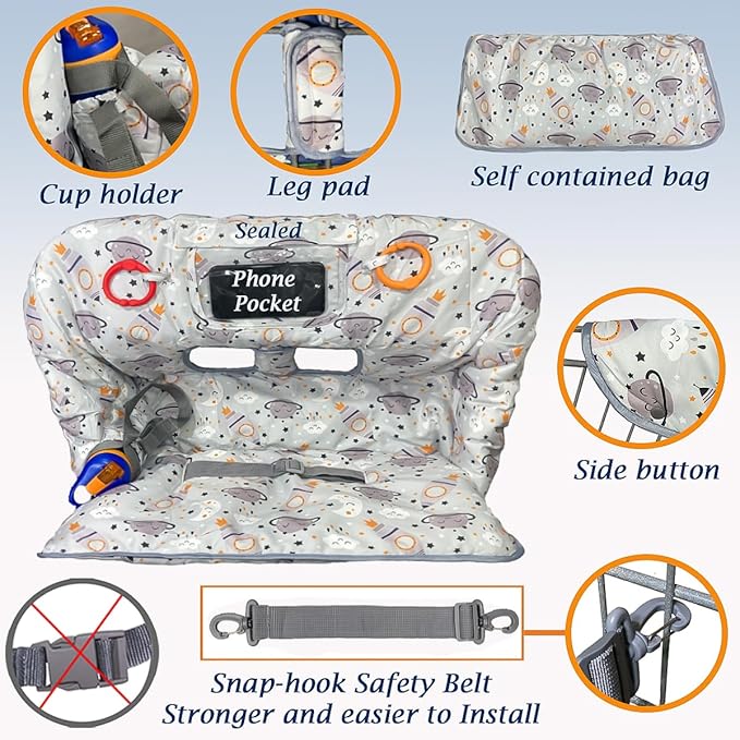 Shopping Cart Cover for Baby Grocery Cart Cover for Baby boy and Baby Girl, High Chair Cover for Baby and Toddler, Baby Registry Gift - Waterproof - Extra Large - Cotton - Double Sided (Gray)