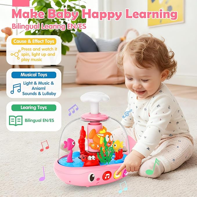 Baby Girl Toys 6-12 Months - Press & Spin Aquarium Light Up Musical Toy for Infant Toy 9-12-18 Months - Bilingual Learning Toddler Toys for 1 2 3 Year Old Boy Girl (Pink)