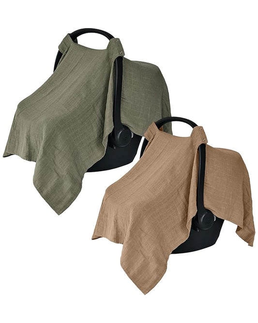 Car Seat Cover Baby - Organic Cotton - Carseat Covers Baby - Carseat Cover - Car Seat Canopy - Carseat Canopy - 100% Muslin Cotton, 43" x 32" 2-Pack (Sage Green/Natural)