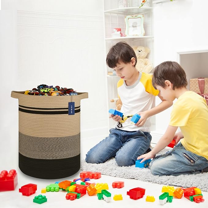 COMSE Extra Large Blanket Basket, Tall Laundry Basket, Nursery Hamper, 15.7”x 21.7”, Cotton Rope Woven Laundry Hamper for Storage Toys Clothes Towels, Brown/Black