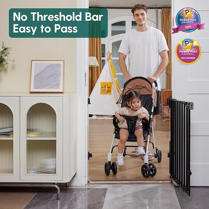 Babelio Baby Gate for Stairs, Kitchen & Doorways, 26-41" W 34" H Extra Tall| No Bottom Bar| Easy Installation| One-Handed Operation| Auto-Close| Hardware Mount Safety Dog/Pet Gate Indoor (Black)