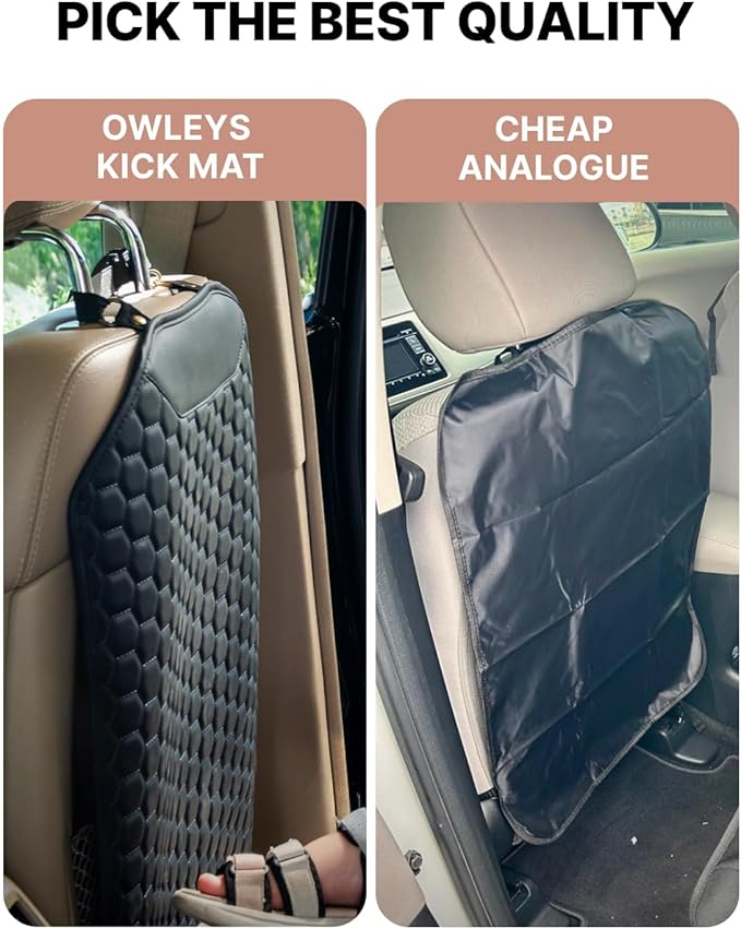 Owleys Premium Leather Car Seat Protector for Back Seat - Back Seat Cover for Kids - Car Kick Mat - Back of Seat Protector for Kids Feet Car Seat Back Protector - 2 Pcs Black