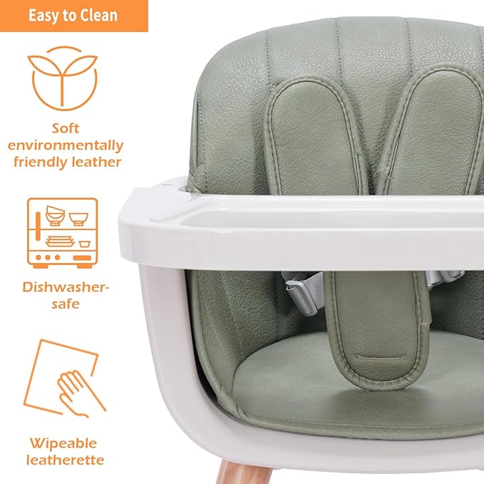 Mallify 3-in-1 Convertible Wooden High Chair, High Chairs for Babies and Toddlers, Baby High Chair with Adjustable Legs & Dishwasher Safe Tray, Made of Sleek Hardwood & Premium Leatherette, Green